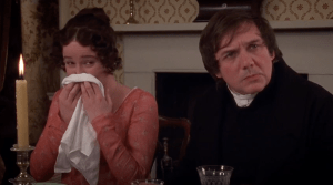 Elizabeth Bennet and Mr. Collins from the 1995 adaptation of Pride and Prejudice.